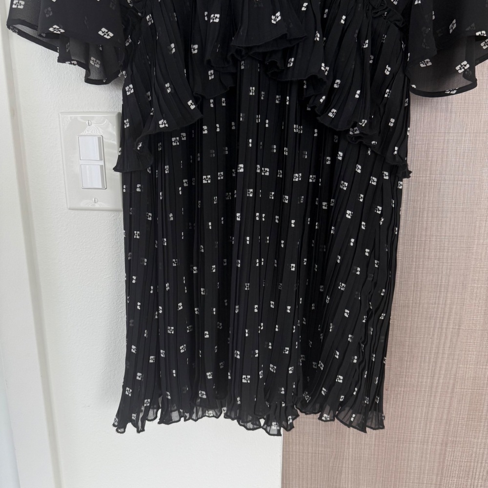 GANNI Black Pleated Georgette V Neck‎ Flounce Mini Dress Short Sleeve EU38 US6 - Picture 9 of 16